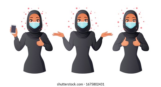 Muslim woman in hijab wearing mask shows smartphone screen, thumbs up and shrugs shoulders. Protection from coronavirus. Vector illustration isolated on white background.