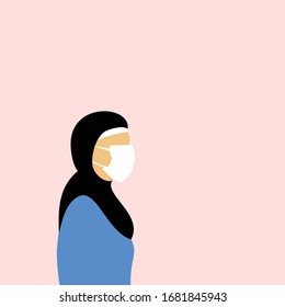 Muslim woman in hijab and white respirator mask afraid of coronavirus, flu, covid-19, virus outbreak. Protects herself. Fight against pandemia, worldwide virus. Vector illustration, pink background