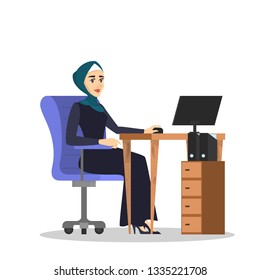 Muslim woman in hijab working at the desk on computer. Arabian business woman. Beautiful character. Professional manager. Isolated vector cartoon illustration