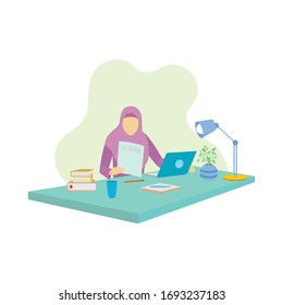 Muslim Woman In Hijab Working At home. Muslim business woman wearing hijab working at home or in office. Colored vector illustration in flat cartoon style.