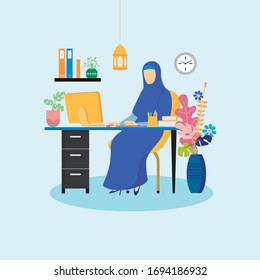 Muslim Woman In Hijab Working At home. Muslim business woman wearing hijab working at home or in office. Colored vector illustration in flat cartoon style.