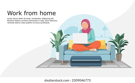 Mulher muçulmana com hijab trabalhando em casa. Personagem sentado de pernas cruzadas num sofá. Conceito de educação ou trabalho online em casa. Ilustração vetorial.