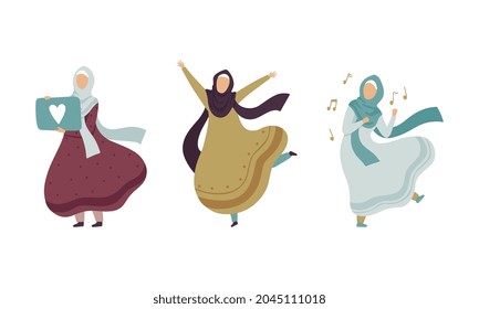 Muslim Woman in Hijab Working at Laptop and Dancing Vector Set