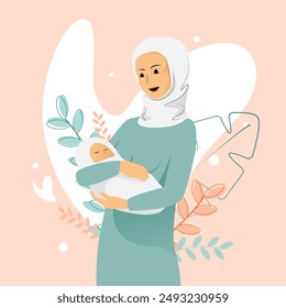 Muslim woman is holding a baby with tenderness on floral background