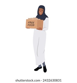 Muslim woman holding a box labeled Free Food For Iftar. Concept of Free Food For Iftar. Flat vector illustration isolated on white background