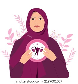 Muslim woman holding clocks. Menopause concept. Vector illustration