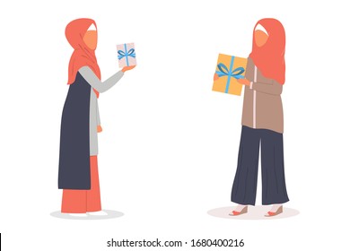 Muslim woman holding gift box. Arabian woman in different traditional clothes with present. Woman wearing hijab. Islam religion. Isolated vector illustration