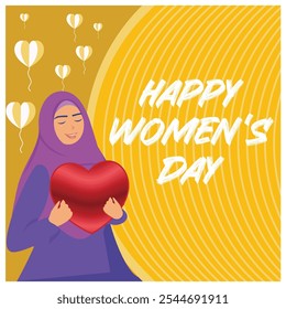 Muslim woman holding a heart sign. Women's gender equality.  Women's History Month 2025 concept. Flat vector illustration.