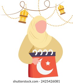 Muslim Woman Holding Islamic calendar Concept, Turkish Girl symbolizing the Hijri Crescent Moon Date vector Design,  Eid al-Azha Eid ul Kabir Symbol, Hajj Sign, Muslims religious Festival illustration