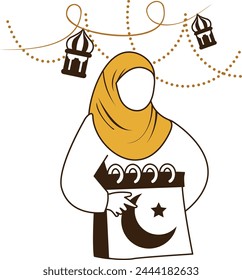 Muslim Woman Holding Islamic calendar Concept, Turkish Girl symbolizing the Hijri Crescent Moon Date vector Design, Eid al Adha Eid ul Kabir Symbol, Hajj Sign, Muslims religious eve illustration