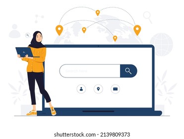 Muslim woman holding laptop and pointing at web browser online, search engine bars, seo optimization, concept illustration