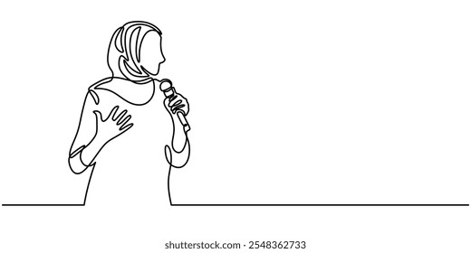 Muslim woman holding microphone continuous one line drawing. Empowerment and speech concept. Vector illustration minimalist hand drawn.