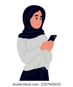 Muslim woman woman holding mobile phone. Vector illustration.