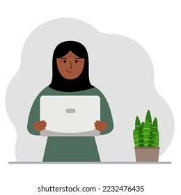 A muslim woman is holding or using a laptop computer PC. Laptop computer technology concept. Vector flat illustration.