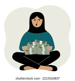 A muslim woman holds bundles of cash, money or banknotes in his hands. Successful business and finance concept illustration in flat style. Vector illustration