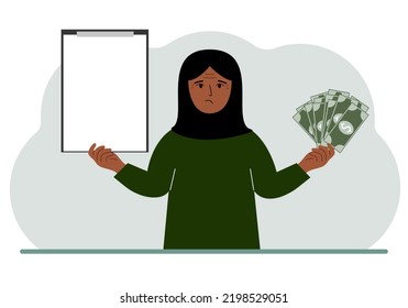 A muslim woman holds a lot of paper money in one hand and in the other a clipboard empty for text. Concept for advertising banner or poster of earning or saving money. Vector flat illustration