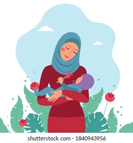 Muslim woman holds a small child in her arms. Vector illustration in flat style.