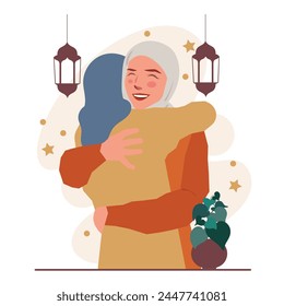 muslim woman hug sister ramadan eid mubarak illustration