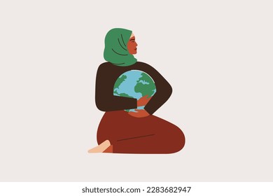 Muslim Woman hugging the Earth globe and protects it. Strong arabian female in hijab care about our Planet and sustainable lifestyle. Ecology movement and environmental activists concept. Vector