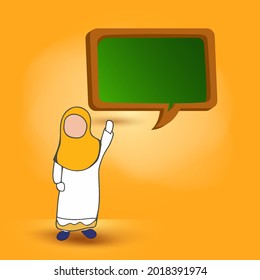 Muslim woman illustration design, wearing a hijab and a blank board that fits and can be edited. suitable for school admission announcement design.