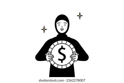 Muslim Woman with images of foreign exchange gains and dollar appreciation, Vector Illustration