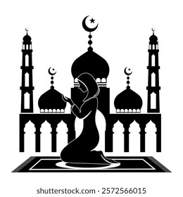 A Muslim woman kneeling and praying on a prayer mat in front of a beautiful mosque silhouette with crescent moons, symbolizing faith and devotion.