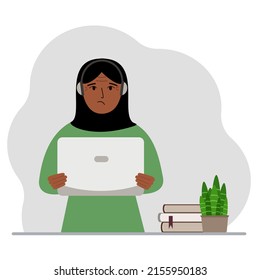 Muslim woman with laptop and headphones. Working from home, student, freelancer, assistant, blogger or businessman. Home office concept. Vector flat illustration