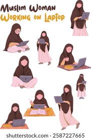 Muslim Woman and Laptop isolated on white background. A young Muslim woman wearing a hijab is working on her laptop. She represents the modern Muslim woman who is confident, educated, and tech-savvy.