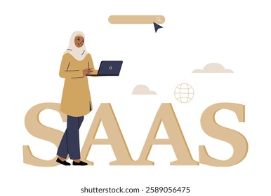 Muslim Woman With Laptop On SaaS Concept Typography In Flat Vector Illustration Symbolizing Cloud Software, Digital Solutions, And Business Technology, Isolated On White Background