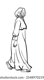 Muslim woman in long dress and head covered with headscarf walking, View from side, isolated, Hand drawn illustration, Vector sketch