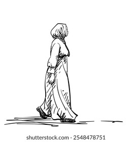 Muslim woman in long dress and headscarf walking, Hand drawn illustration isolated, View from side, Vector sketch