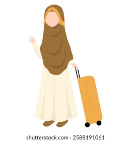 Muslim Woman with Luggage for Holiday. Muslim Going Mudik Traveling for Eid Mubarak
