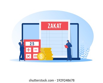 muslim woman and man pay zakat from profit on ramadan kareem vector illustrator.