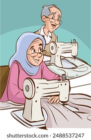 Mujer y hombre musulmanes sentados en la mesa y cosiendo en la máquina en casa. Sastre o diseñadora de moda femenina sonriente trabajando en la creación de ropa. Concepto de pasatiempo. Ilustración vectorial.