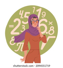 Muslim woman with mathematical type of thinking. Human mental mindset, personality emotions concept cartoon vector illustration