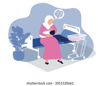 A Muslim Woman With A Newborn Baby In Her Arms Alone In A Hospital Ward Staying With A Baby. The First Days Are The Postpartum Period. Support Breastfeeding And Maternal Mental Health.