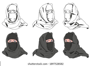 Muslim woman in niqab vector cartoon set isolated on a white background.