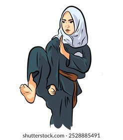 Mulher muçulmana realizando um pontapé nas artes marciais - Ilustração do vetor de lutador usando hijab