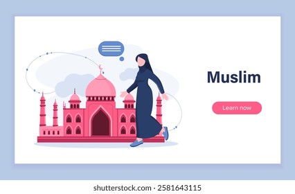 Muslim woman poster. Young girl in hijab goes to mosque. Arabic traditions and culture. Religion, faith and belief. Landing webpage design. Flat vector illustration