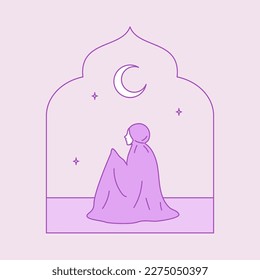 muslim woman pray make dua ask help from allah in the mosque at the midnight during ramadan month activity vector illustration design