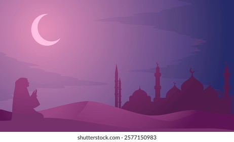 Muslim woman pray or worship in desert night with mosque and crescent moon background, arabia desert landscape night view, purple silhouette vector illustration, Islam or Ramadan concept