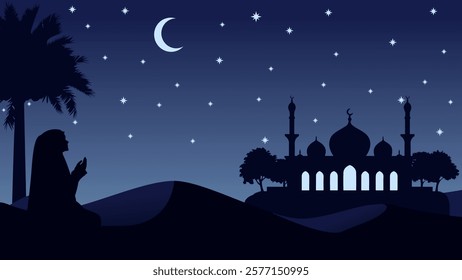 muslim woman pray or worship in desert night with mosque and crescent moon background, arabia desert landscape night view, blue silhouette vector illustration, Islam or Ramadan concept