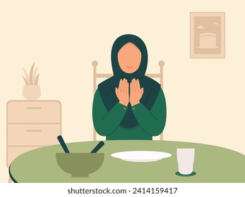 Muslim woman praying after eating illustration vector design