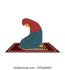 Muslim woman praying to Allah Namaz, Islamic Prayer, Obligatory five times prayer. Vector illustration