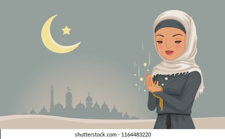 Muslim Woman Praying Blue Sky Moon 스톡 벡터 로열티 프리 Shutterstock