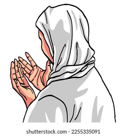 Muslim Woman Praying Cartoon Drawing Vector Illustration