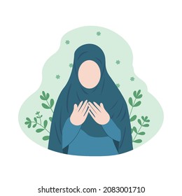 Muslim woman praying flat illustration. Muslim girl wearing a blue hijab and praying flat design with green background. Islamic flat illustration of a Muslim girl praying. Girl praying in a garden.