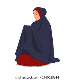Muslim woman praying to her god, women who pray during the month of Ramadan. Vector, isolated illustration on white background.