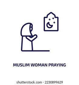 muslim woman praying icon from religion collection. Thin linear muslim woman praying, islamic, pray outline icon isolated on white background. Line vector muslim woman praying sign, symbol for web and