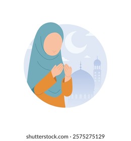 Muslim woman praying with mosque and crescent cut out background